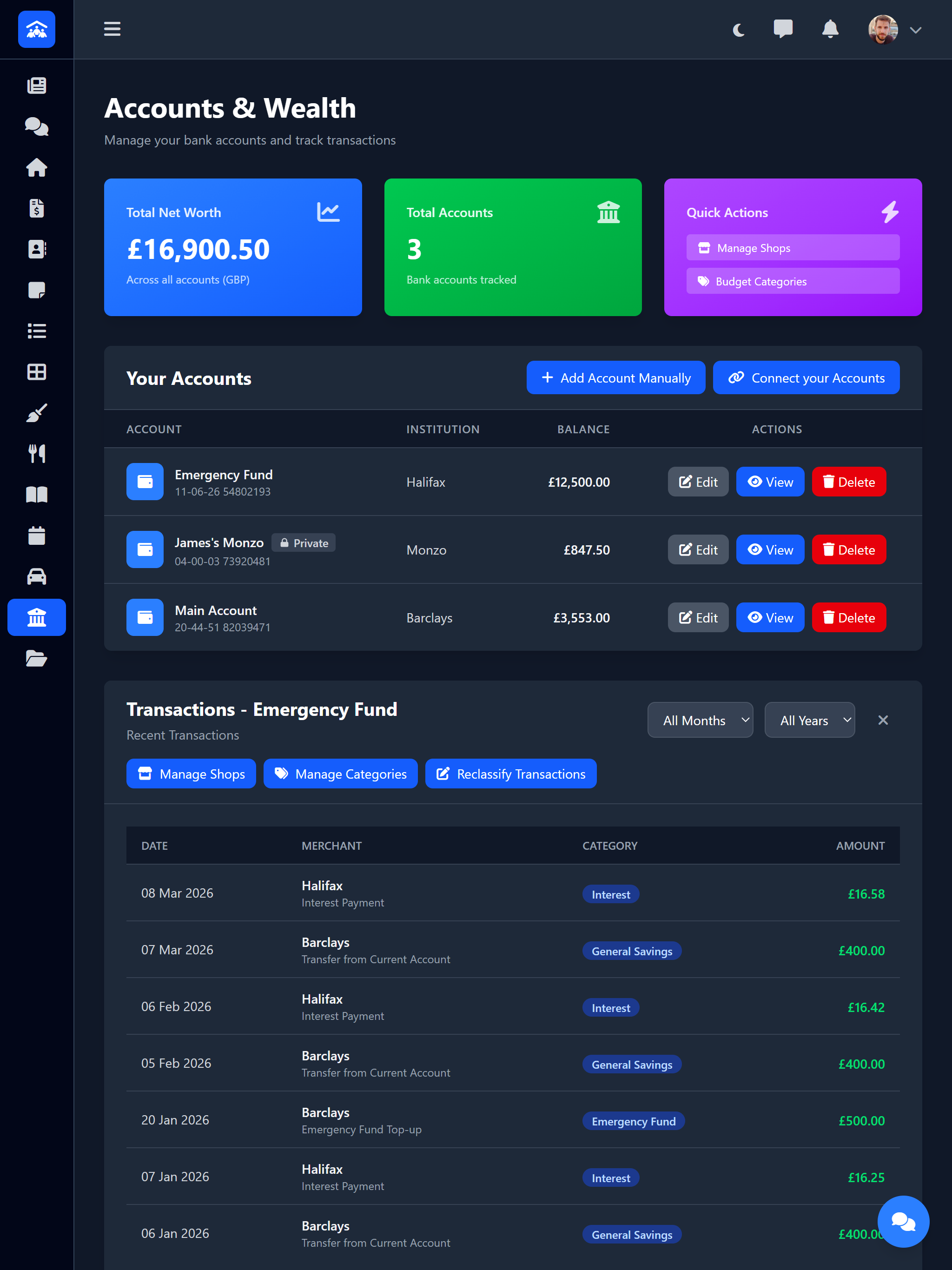 Bank Account and Net Worth Management showing account balances and net worth overview