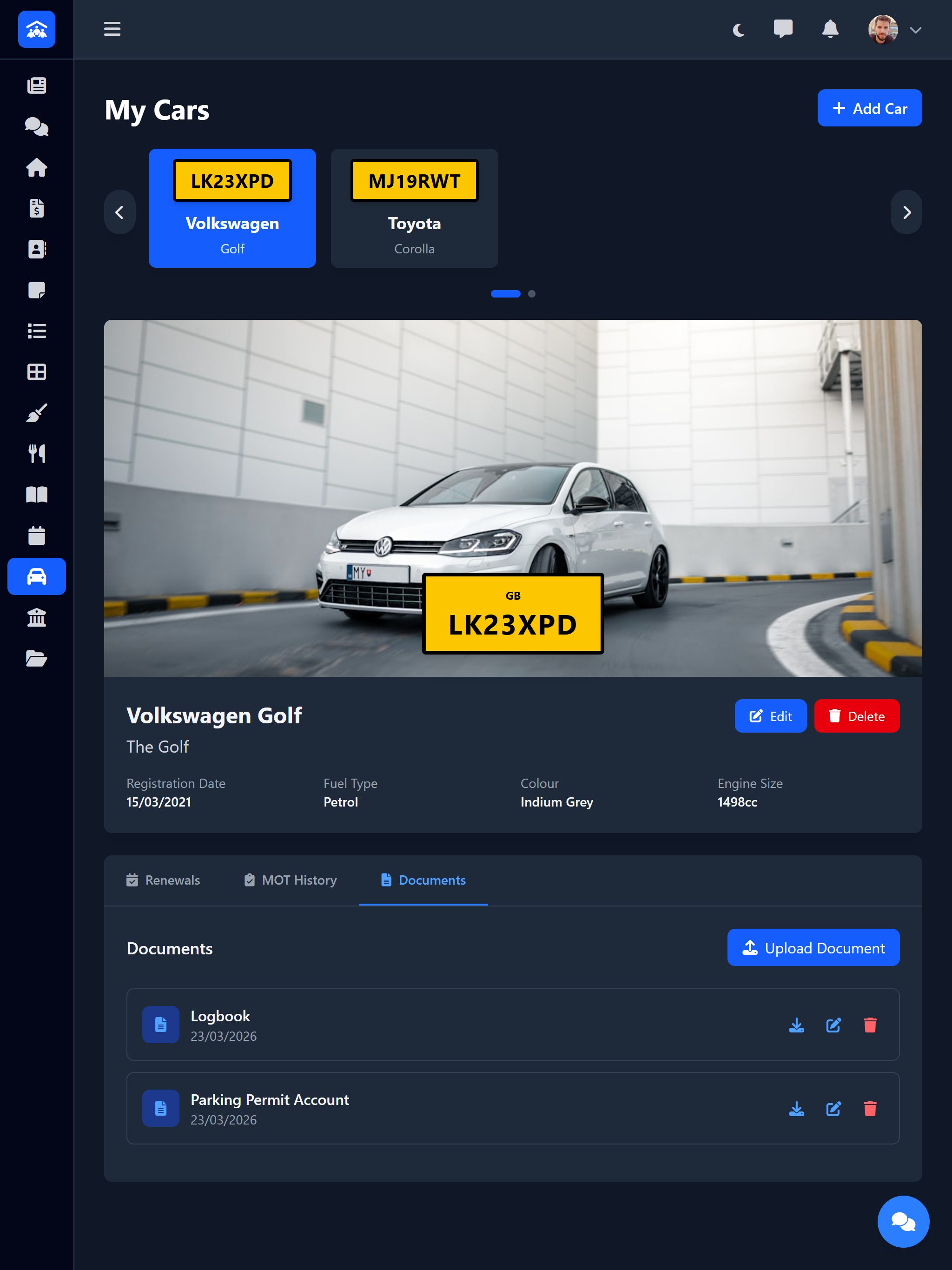 Car Document Management showing uploaded documents linked to a vehicle