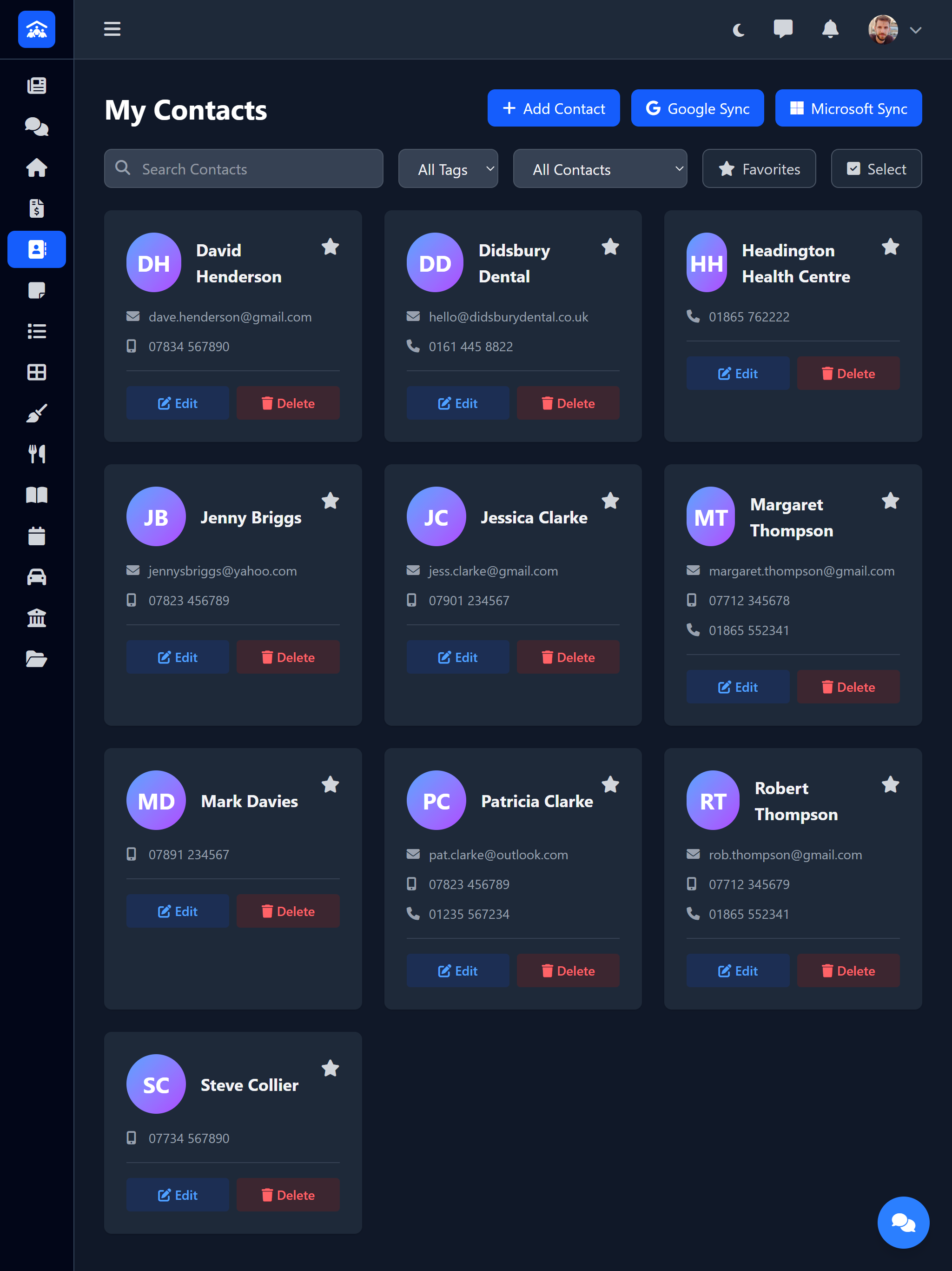 Contacts showing family address book entries