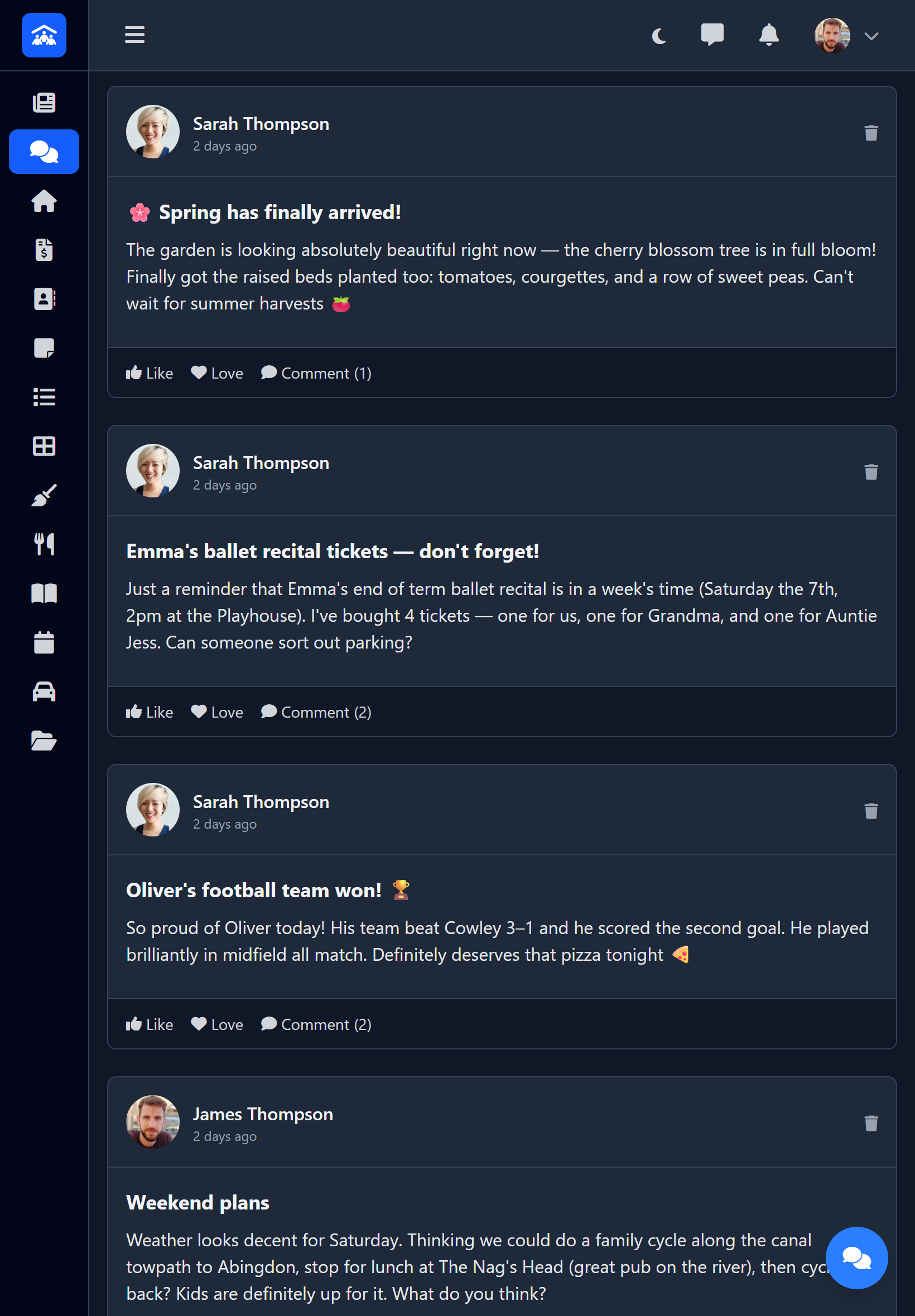 Family news feed showing posts and updates from circle members