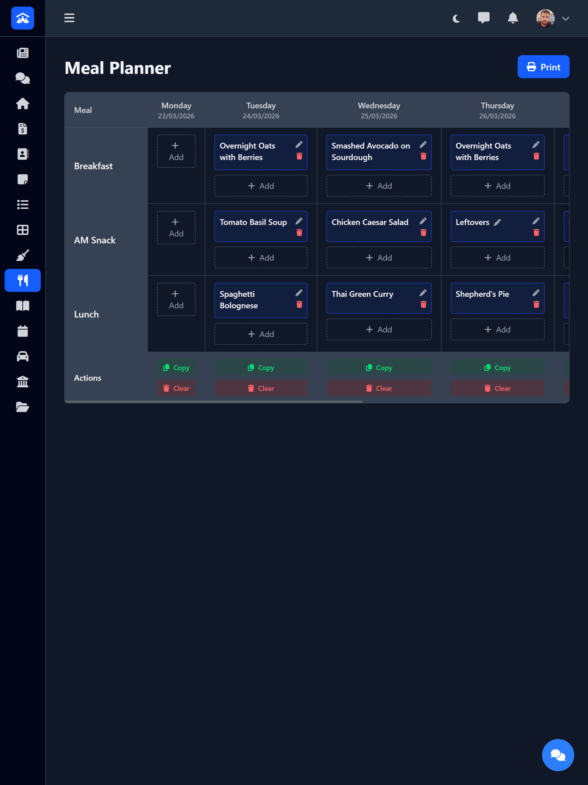 Meal Planner showing weekly meal schedule