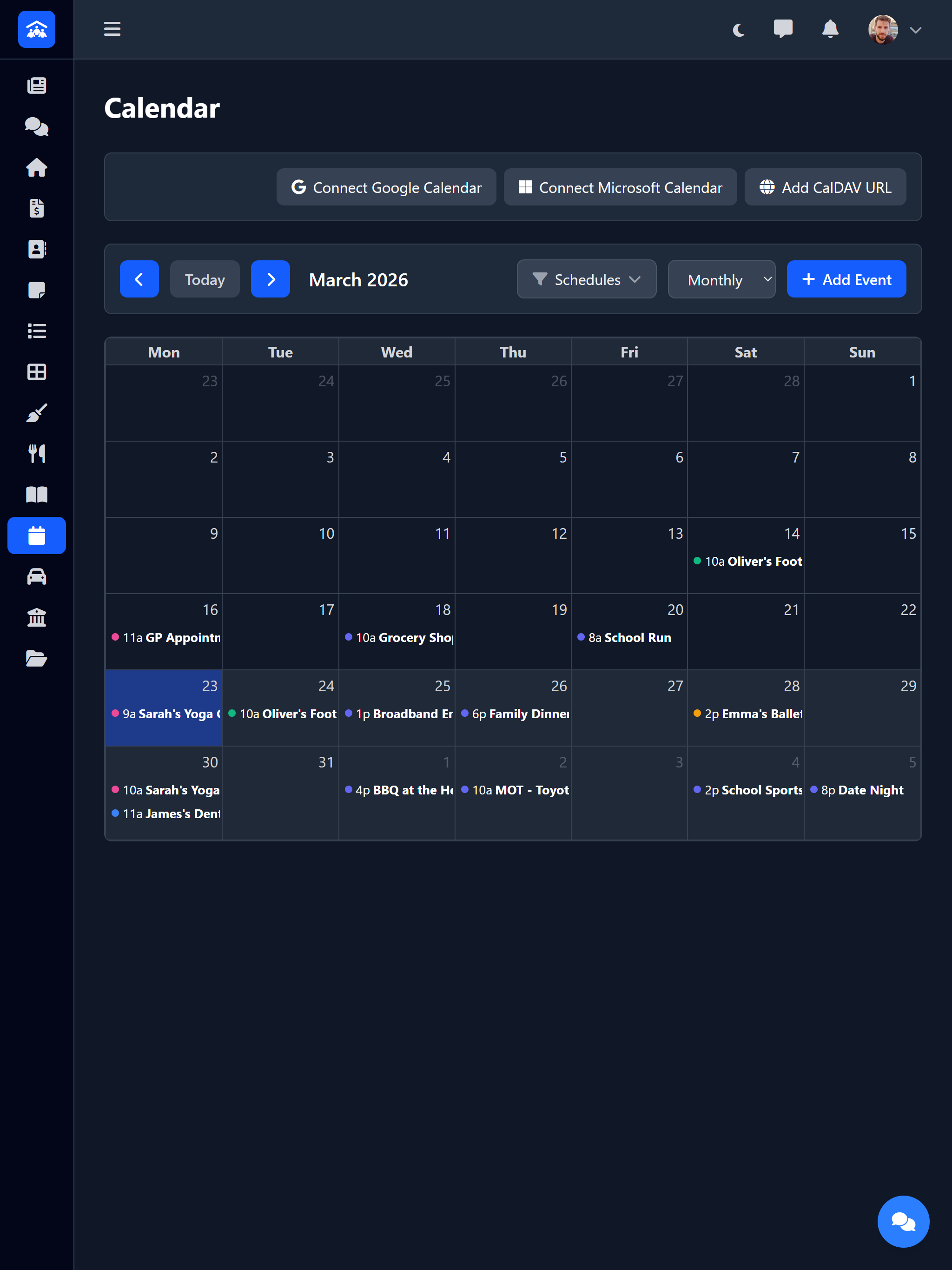 Shared family calendar monthly view