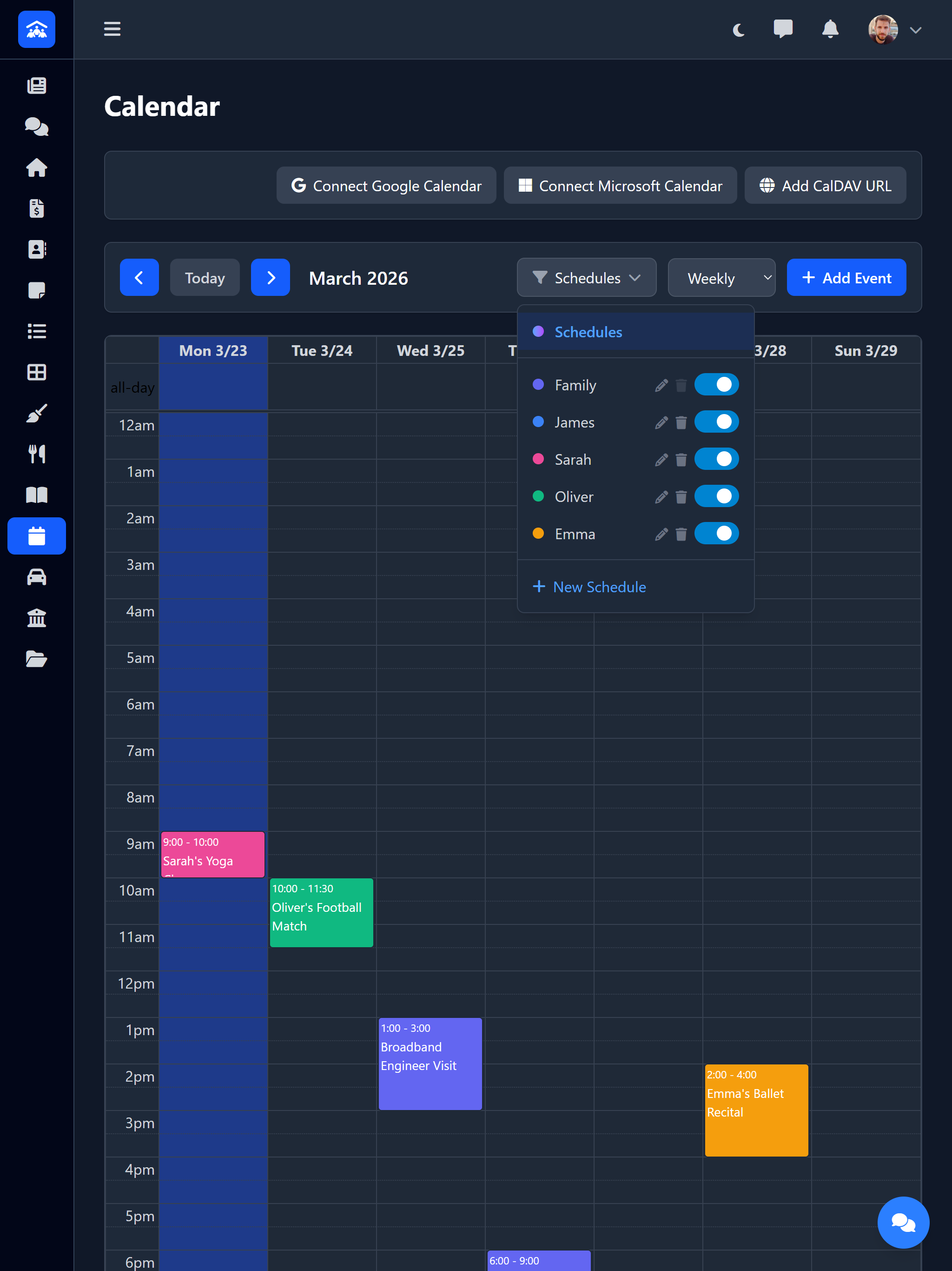 Shared family calendar weekly view