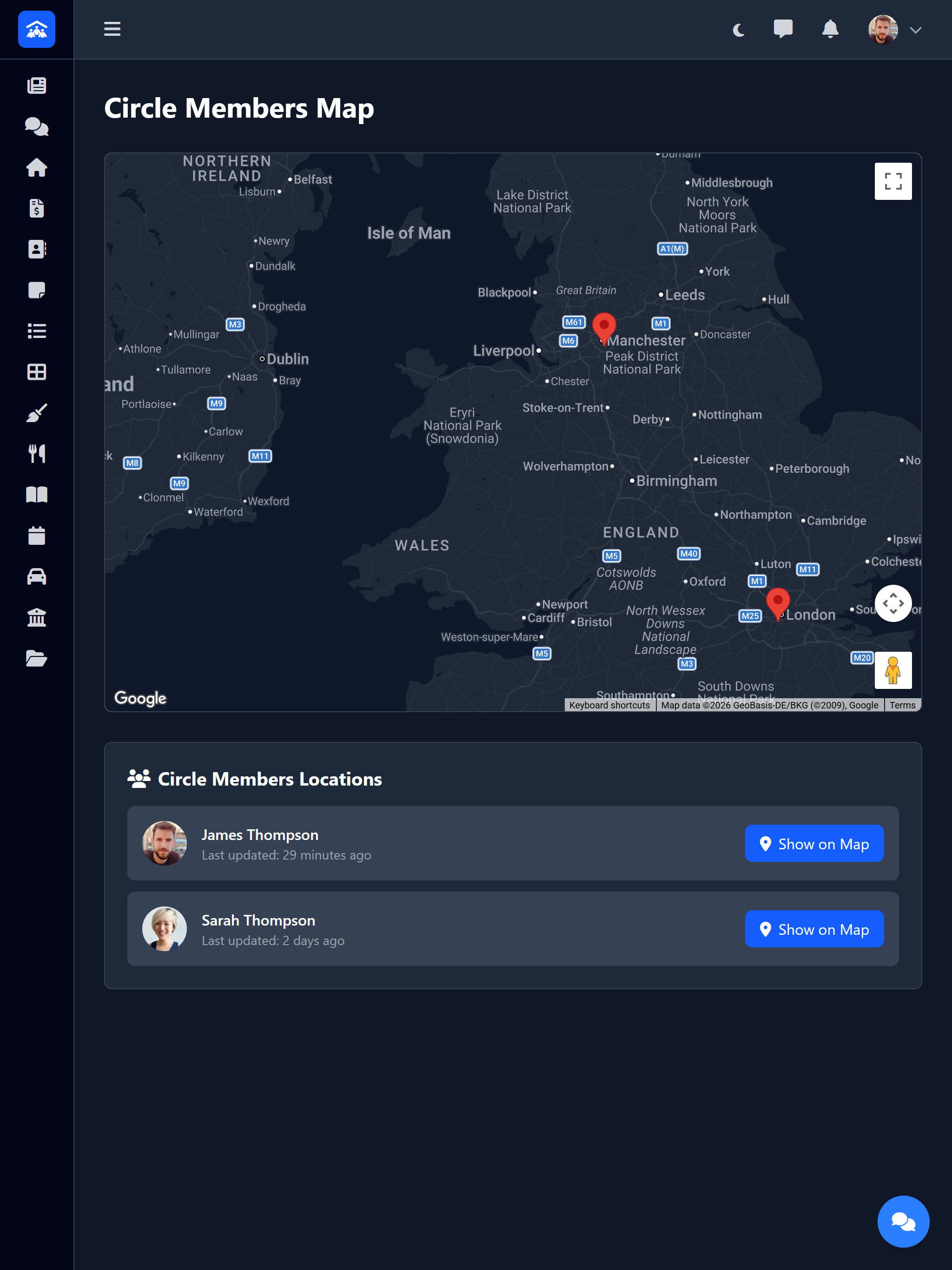 Shared Location Service showing family members' locations on a map