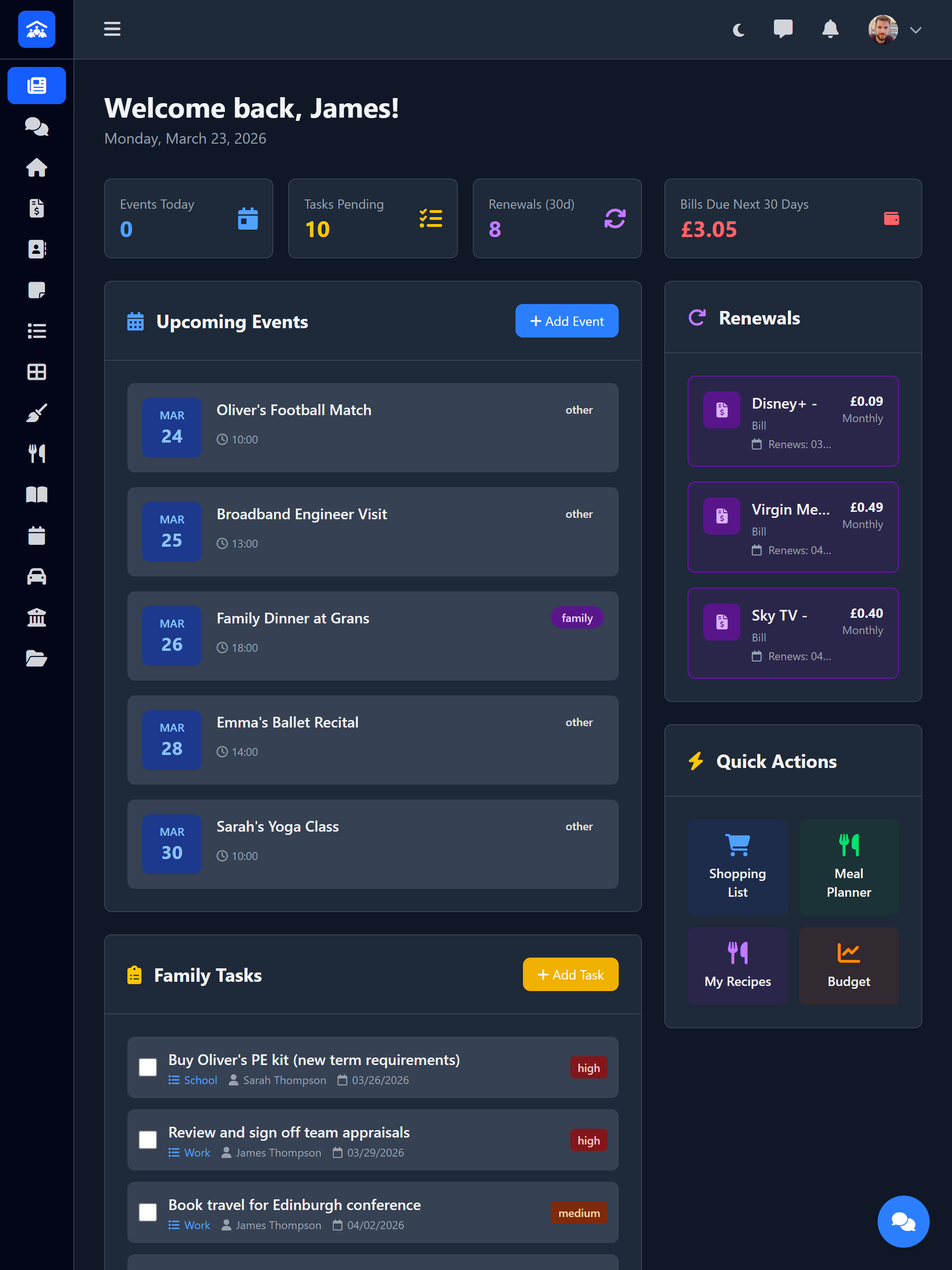 Tasks Dashboard showing an overview of family tasks and chores