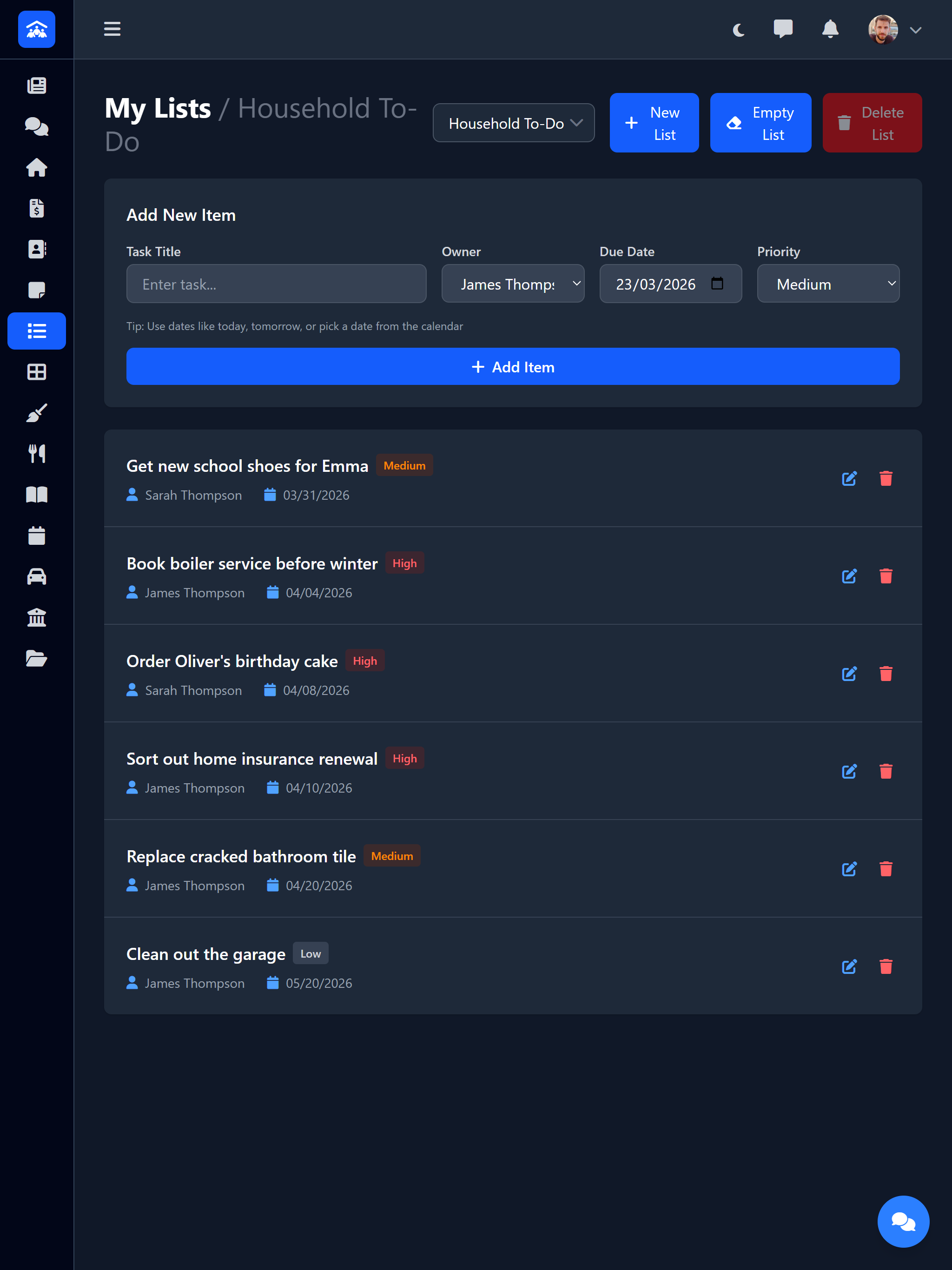 Todo List showing family tasks with priorities and assignments